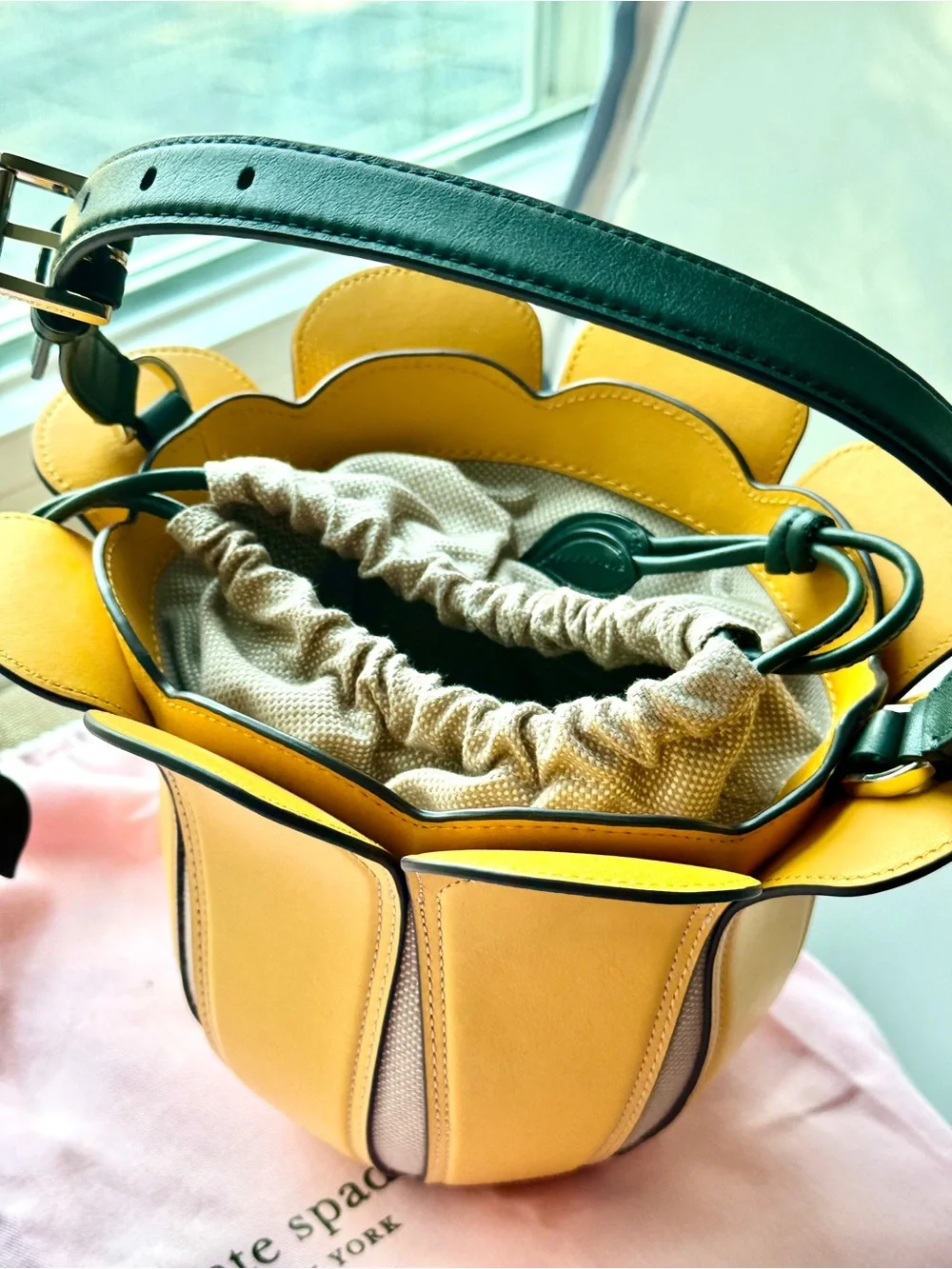 kate spade Yellow Petal-Shape Leather Drawstring Satchel tulip bucket rare